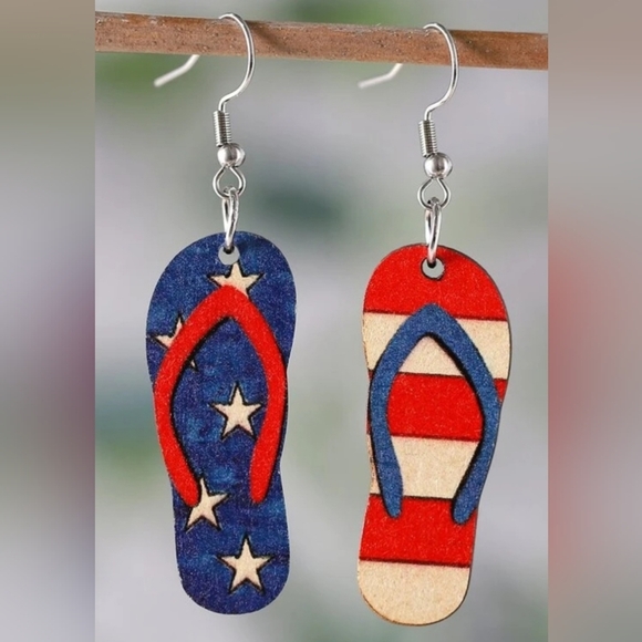 La Ti Da Handmade Jewelry - 4 of July American Summer Red White & Blue Flip-flop 1.5" Earrings